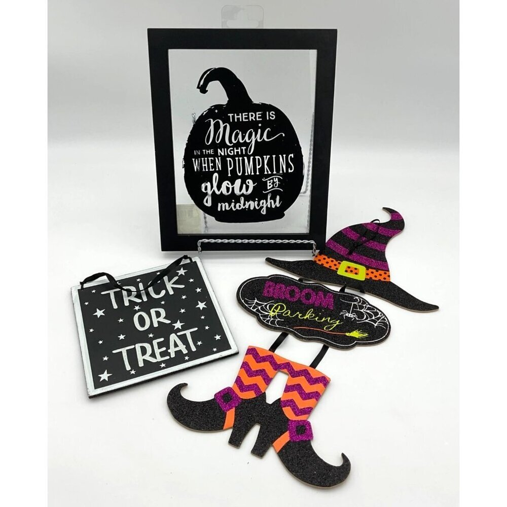 Halloween Decor Bundle: Framed Pumpkin Print Trick Or Treat Sign Broom Parking W